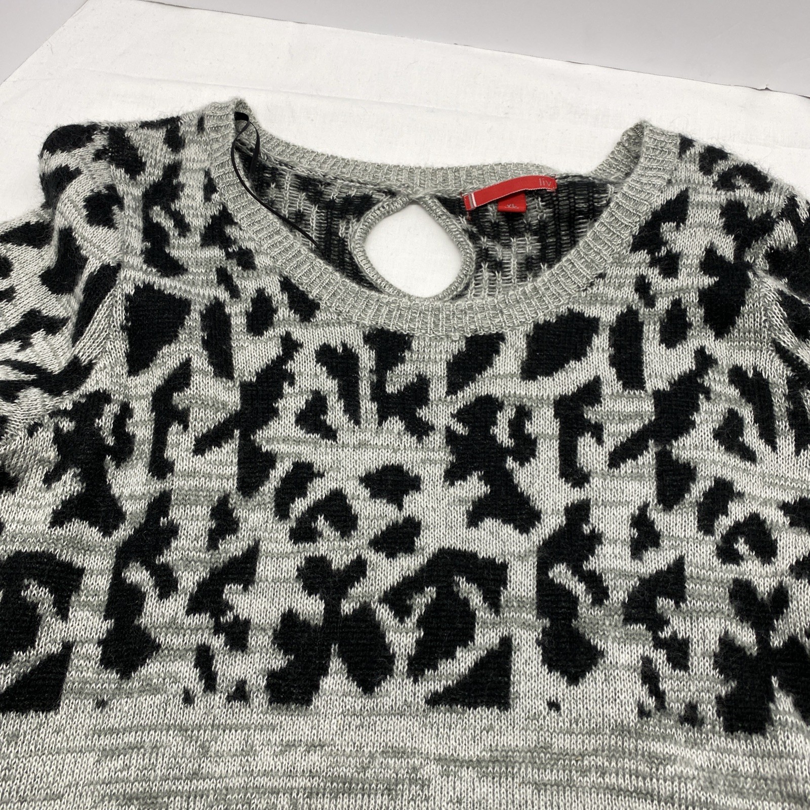 LIV Grey Abstract Leopard Print Knit Tunic Dress XL Boho Keyhole Back Cozy Soft