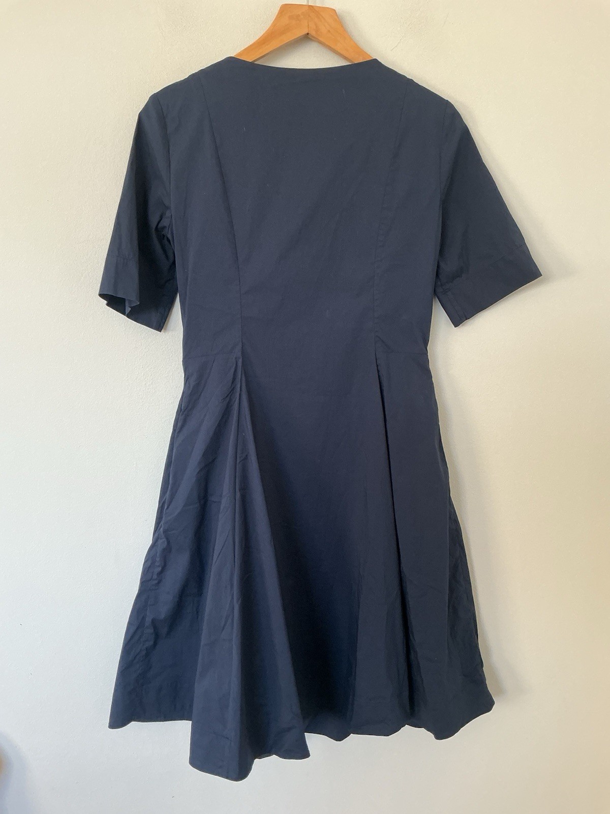 COS Size Small Navy Blue Cotton Mix Skater Dress Short Sleeves Pleated Flare