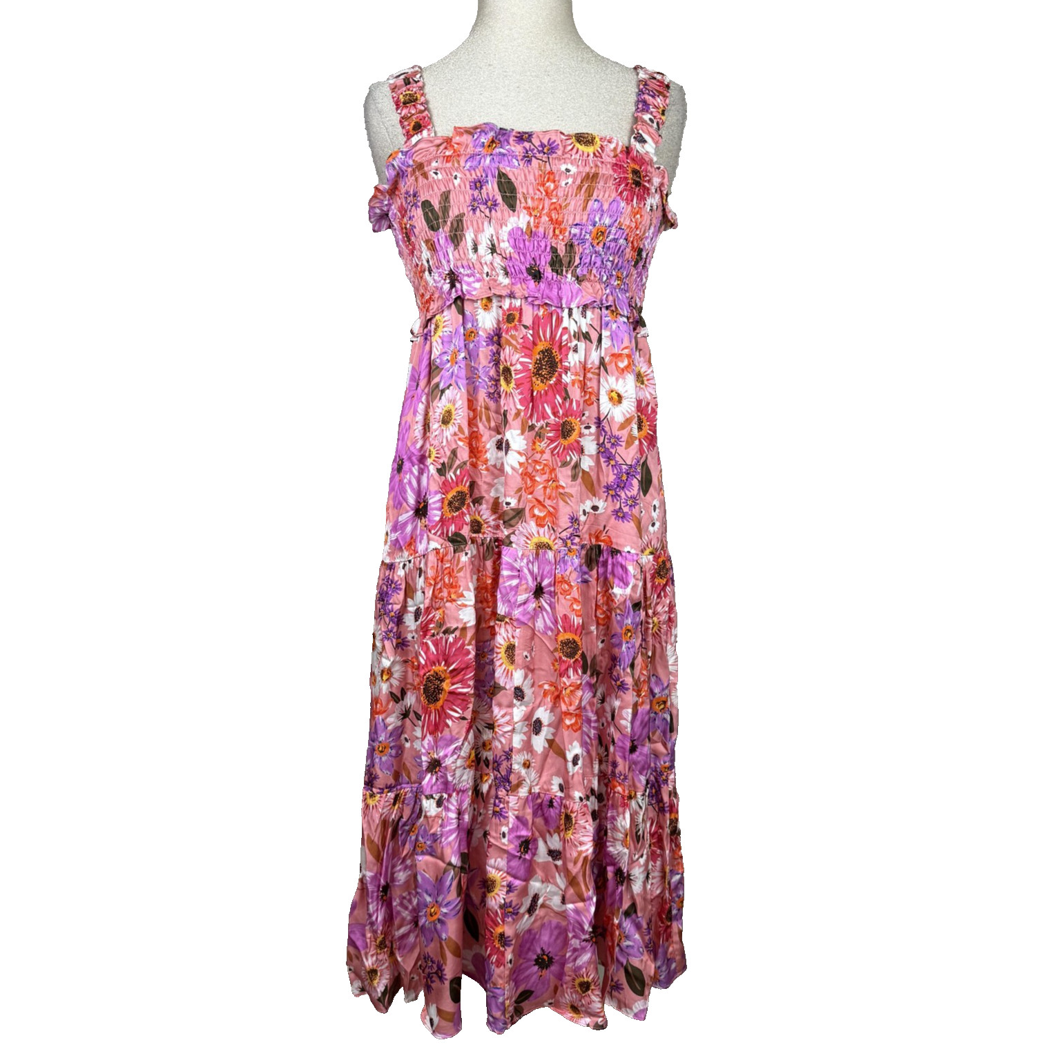 Rachel Parcell Dress Womens 4 Pink Floral Smocked Maxi Sundress Ruffle Boho