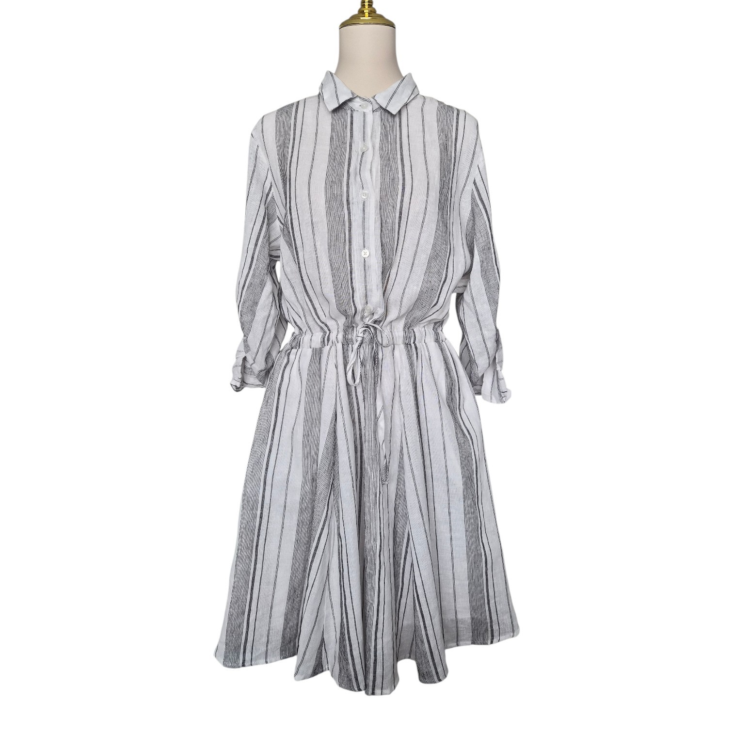 DKNY Linen Cotton Stripe Shirt Dress Drawstring Waist Semi Sheer Size L NWT