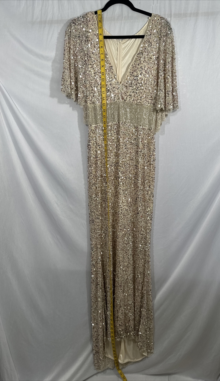 NEW $698 Mac Duggal [ 10 ] Sequined V Neck Cape Sleeve Beaded Gown Nude #Q704