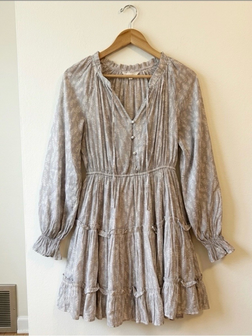 Blu Pepper Mini Dress Womens S Taupe Botanical Print Tiered Cottagecore Boho