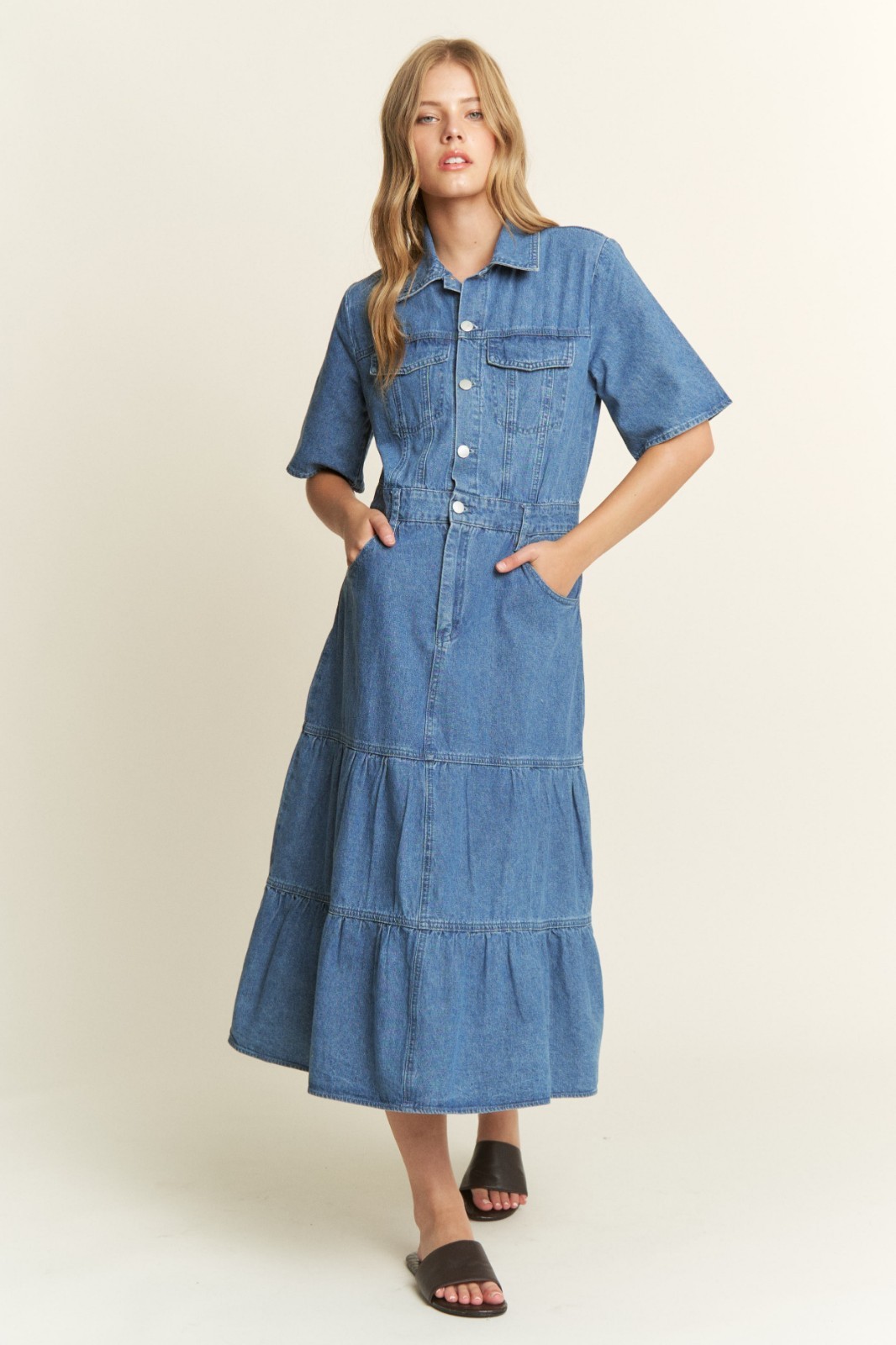 Women’s Blue Denim Maxi Dress Button Front Collared Short Sleeve Pockets