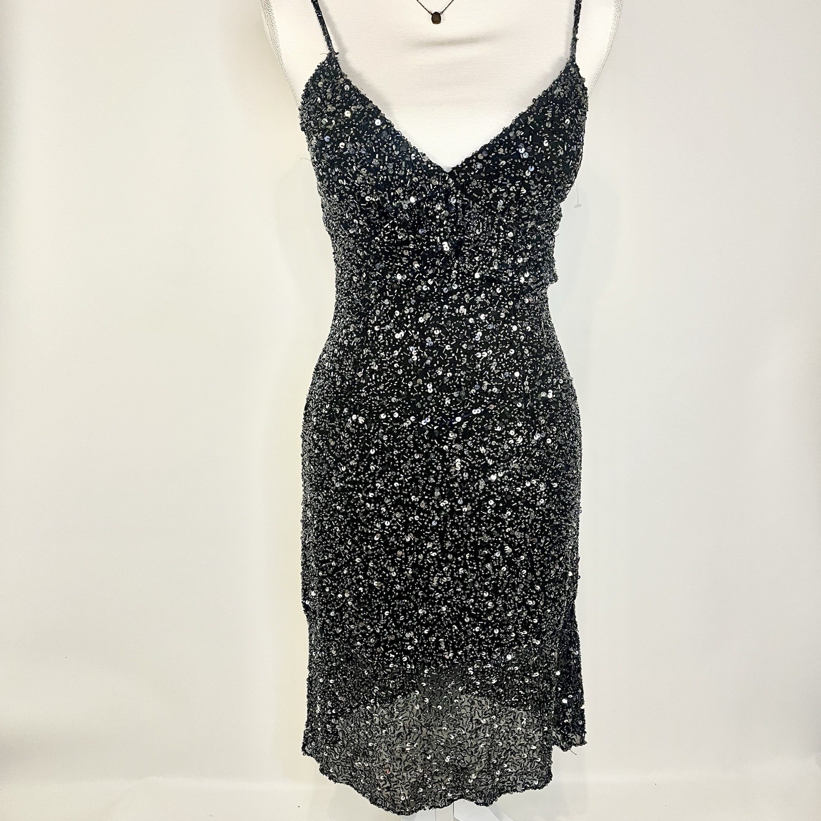 Vintage Y2K Scala 100% Silk Hand Beaded Fairycore Formal Dress Size S Ruffle