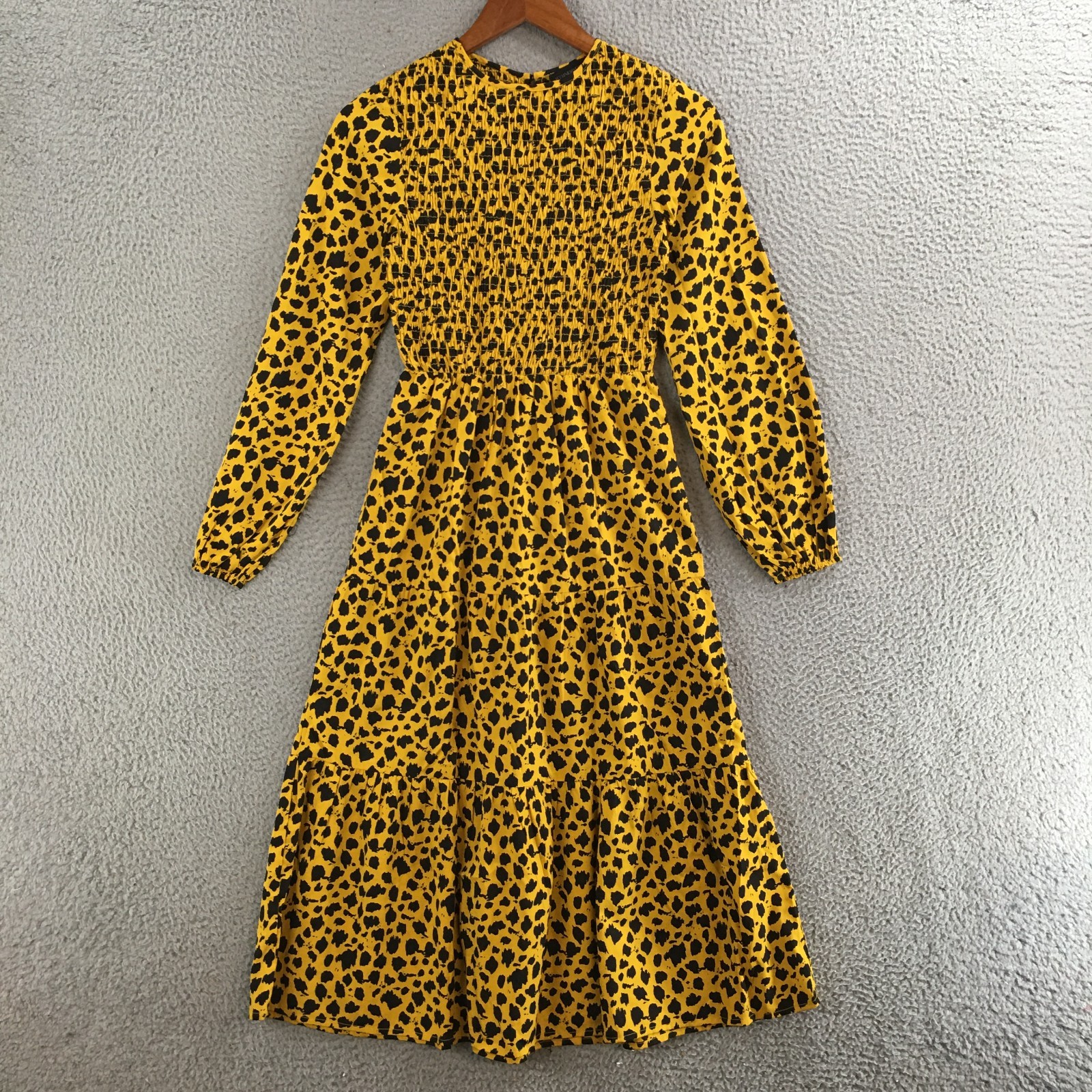 Wednesdays Girl Tiered Mini Dress Womens XXS Leopard Print Smocked Black Yellow