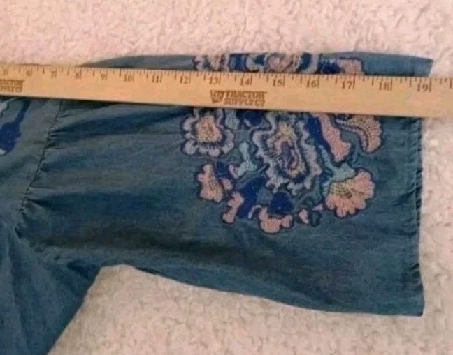 Cottagecore Chambray Embroidered Mini Dress Floral Boho Blue Shift 32″ Large
