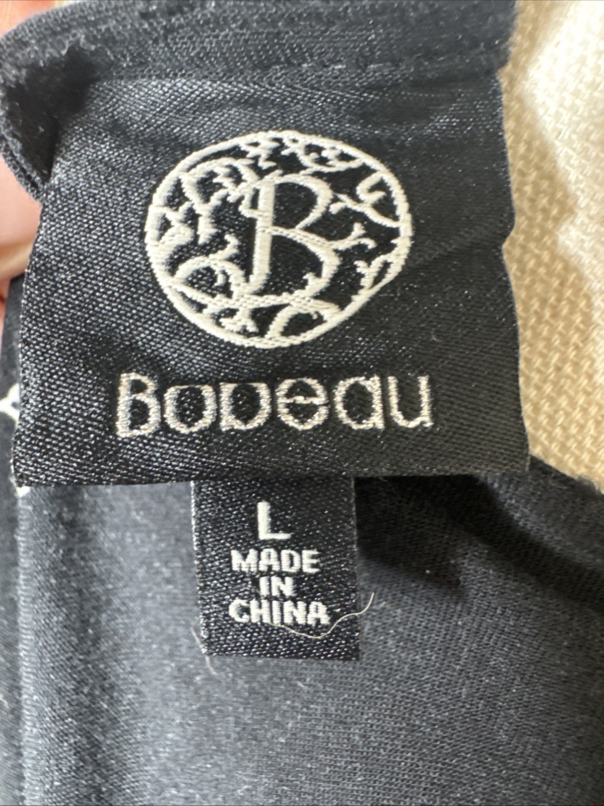 BOBEAU True Wrap A-Line Dress Black White Leaf- Size L Midi With Elbow Sleeves