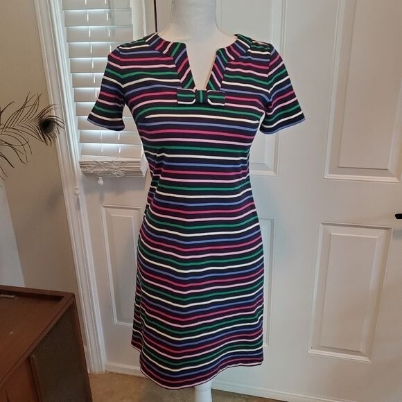 Talbots dress Womens Size P 2-4 Stripes Colorful Blue Bow Neck Stretchy Shift