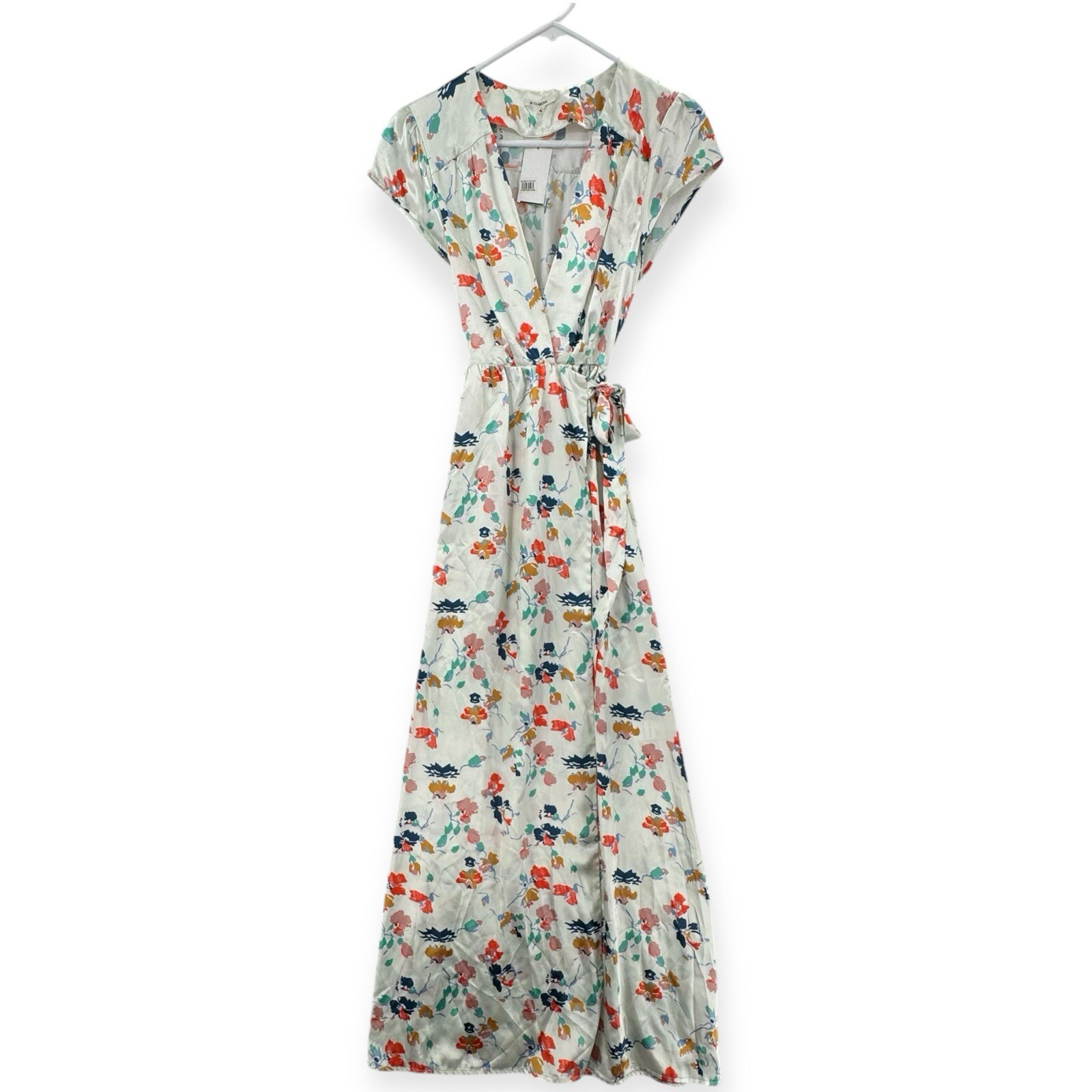 Tularosa Sid Wrap Dress Womens XS White Floral Satin Plunging Neck Tie Maxi NWT