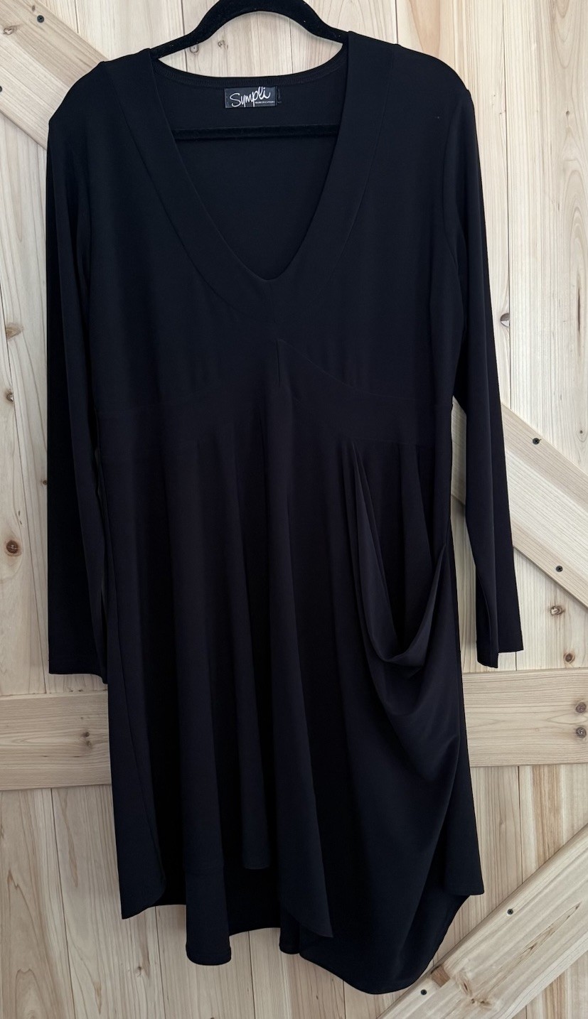 Sympli Liquid Knit Asymmetric Drape Pocket Black Lagenlook Tunic Dress No Tag 12