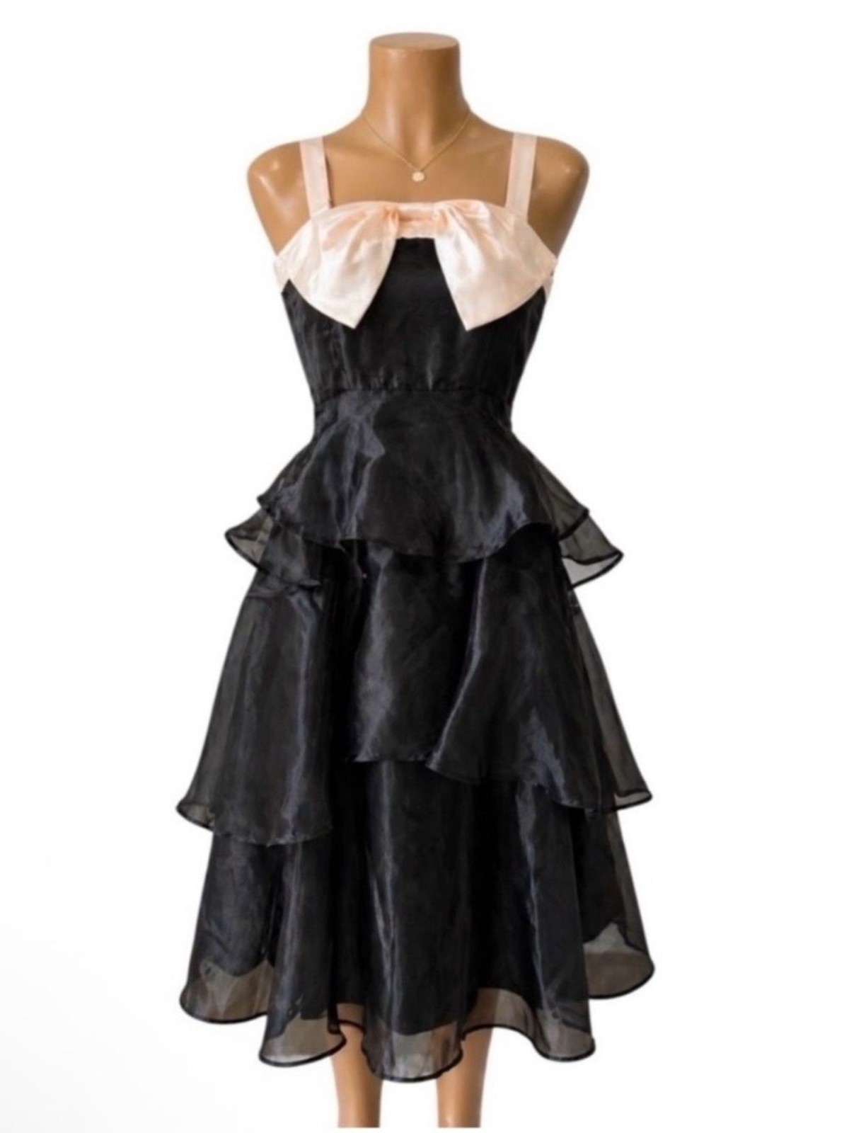 Lulus Black Cream Organza Tiered Midi Dress Satin Bow Formal Prom Gown Sz S NWT