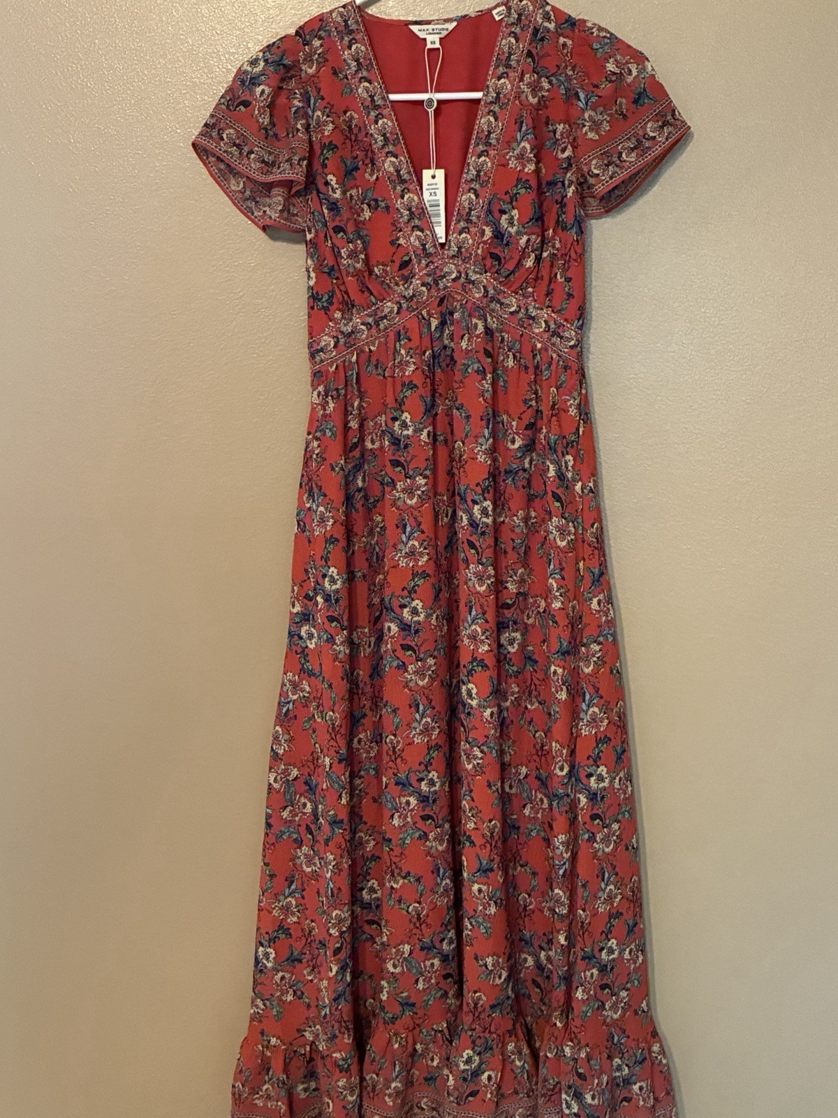 NWT Max Studio Coral Floral V-neck Flutter Sleeve Maxi Dress Size XS