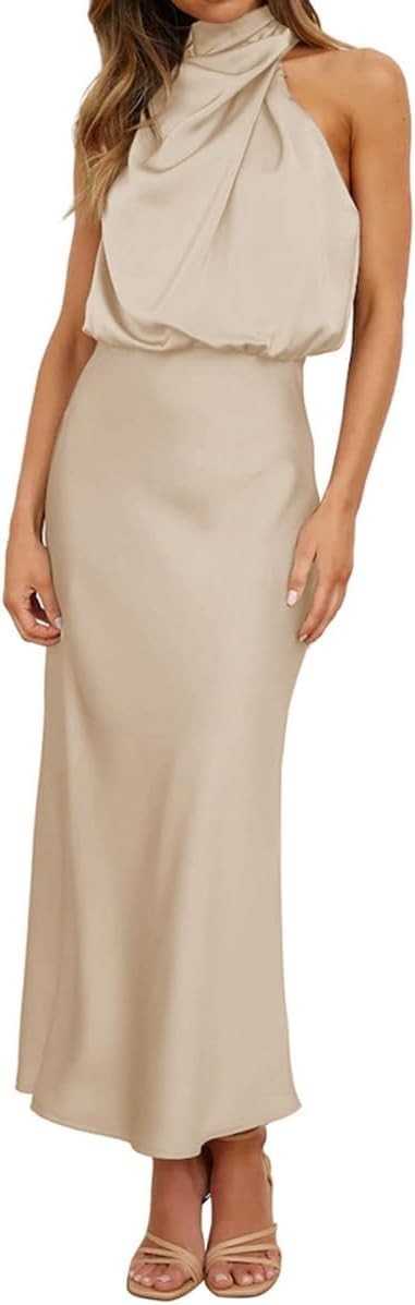 Odizli Women’s Elegant Sleeveless Halterneck Satin Long Evening Dress Size L