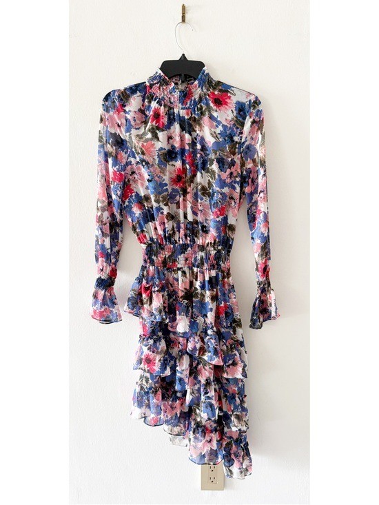MISA Savannah Chiffon Floral Print High Low Long Sleeve Dress Size Small (S)