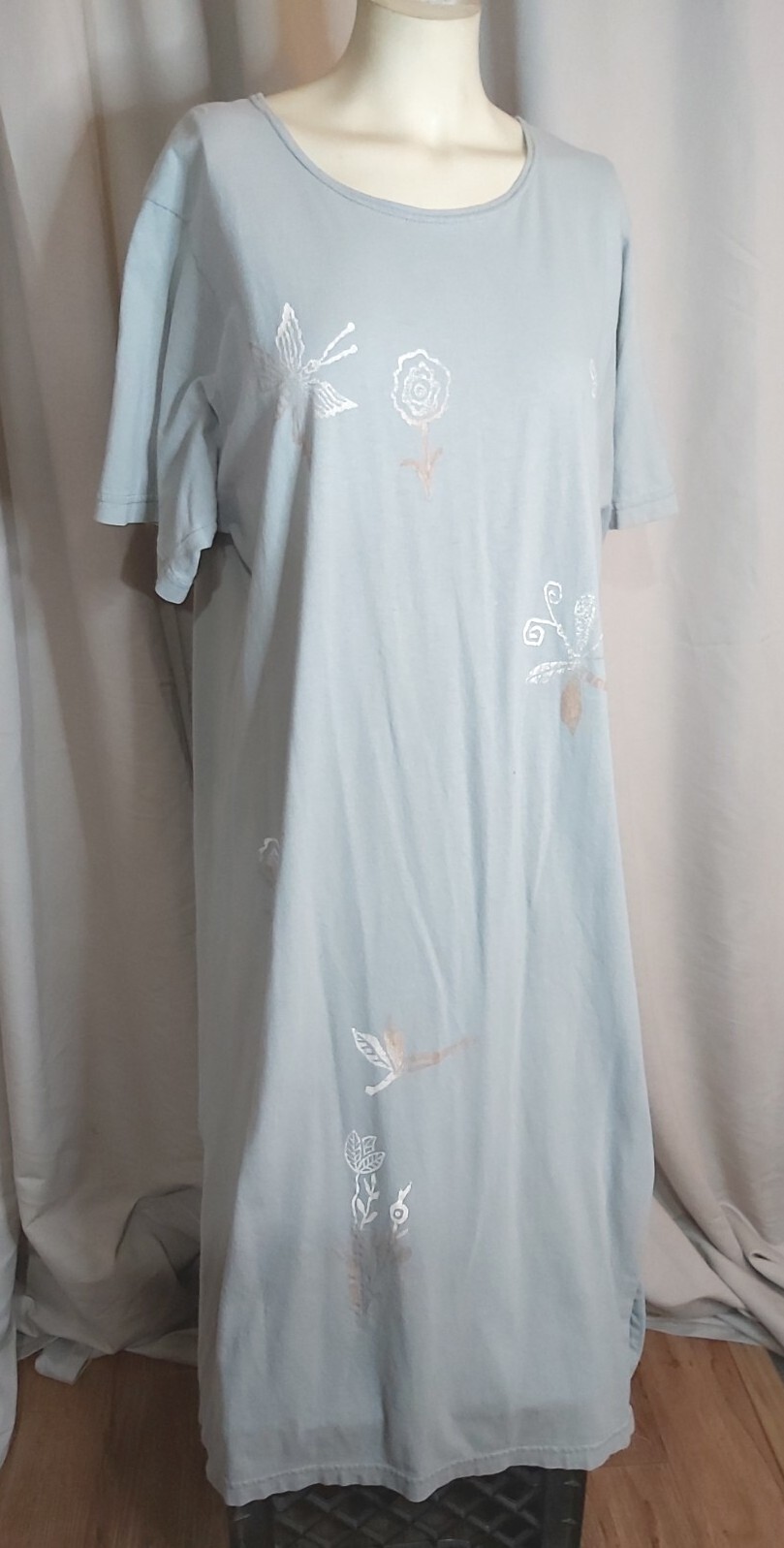VTG LIRA? Gray Tshirt Dress Beach Cover-up Floral Dragonfly Print Cotton Sz Med?