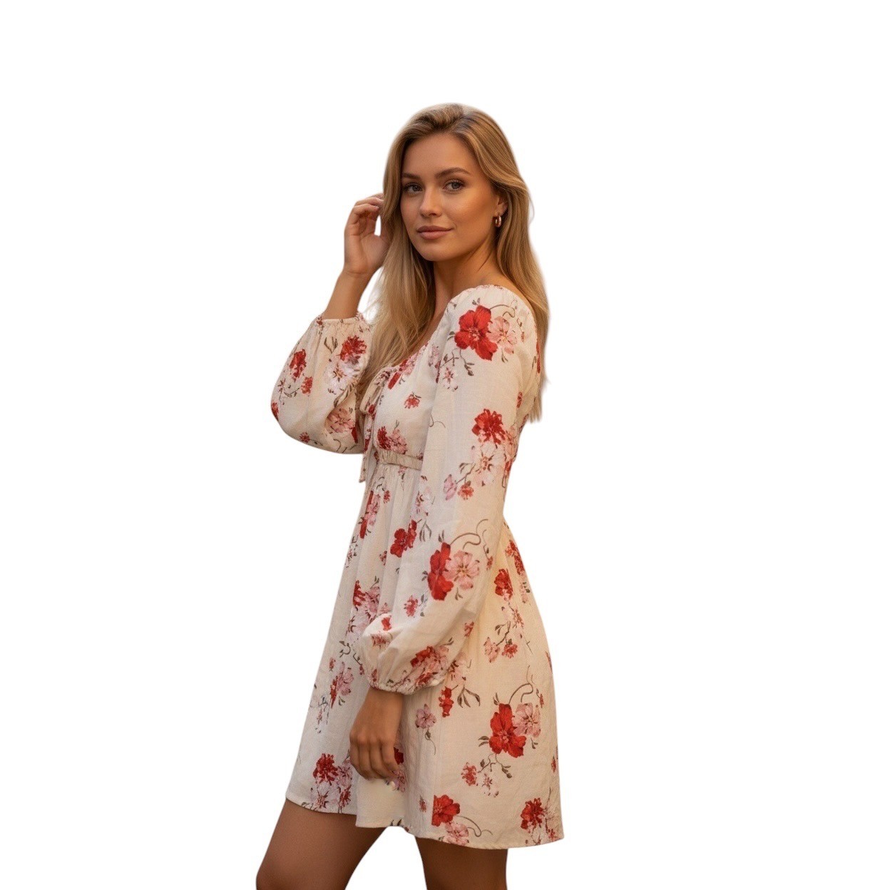 Free For All Floral Long Sleeve Mini Dress Cream Red Smocked Waist Small