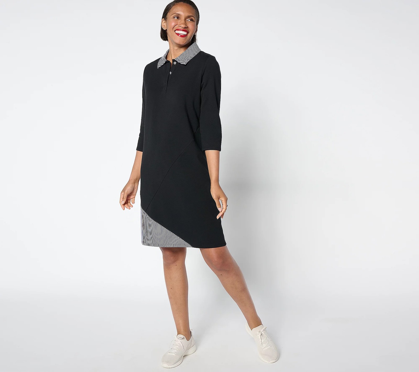 Sport Savvy Regular 3/4 Sleeve Pieced Stripe French Terry Collared Dress Black X