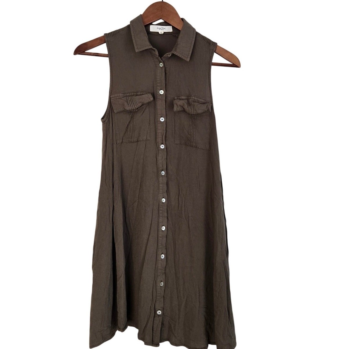 Olive Green Rayon Utility Sleeveless Shirt Dress Pleated Detail Size Small