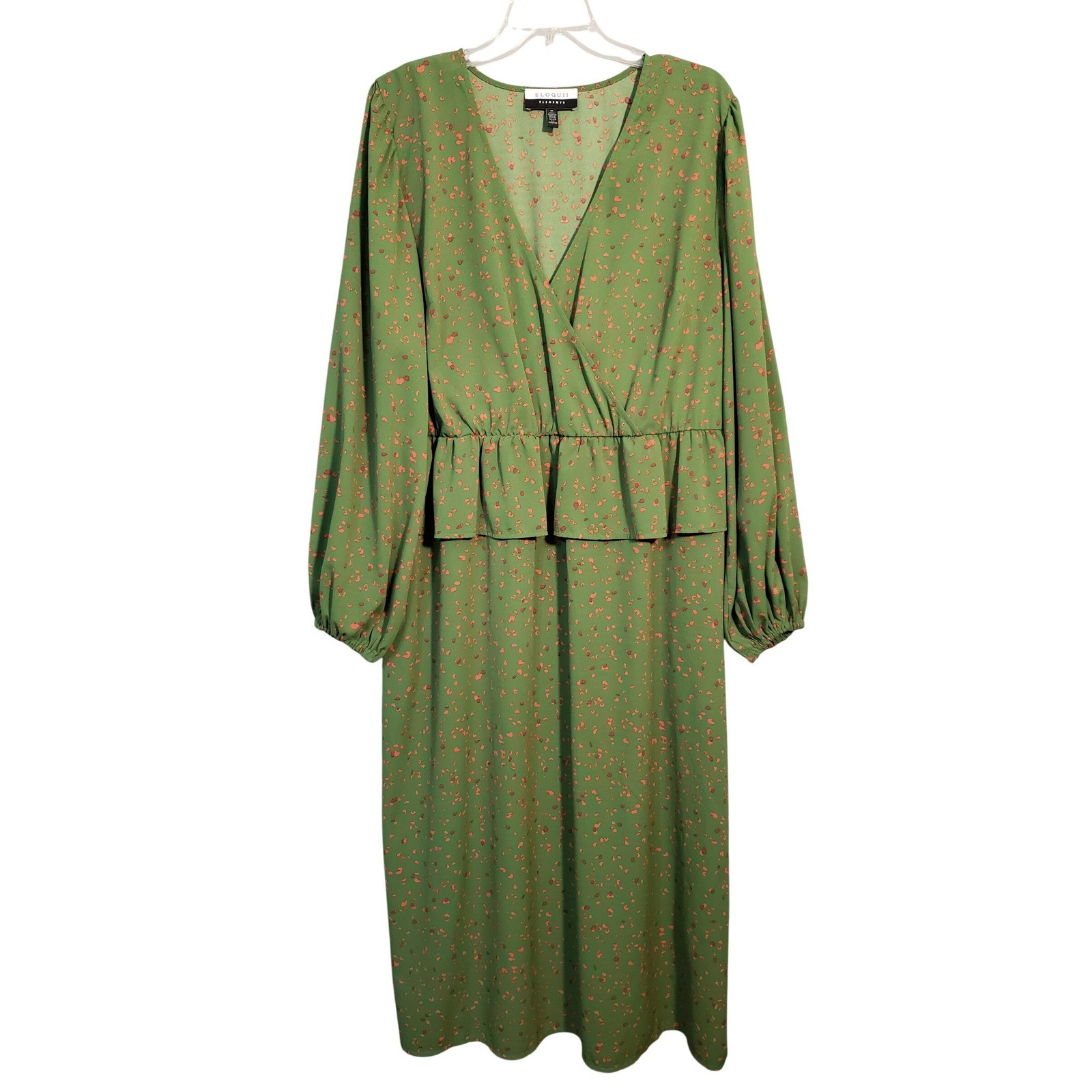 Eloquii Elements Dress Size 18 Green V Neck Long Sleeve Peplum Midi Dress