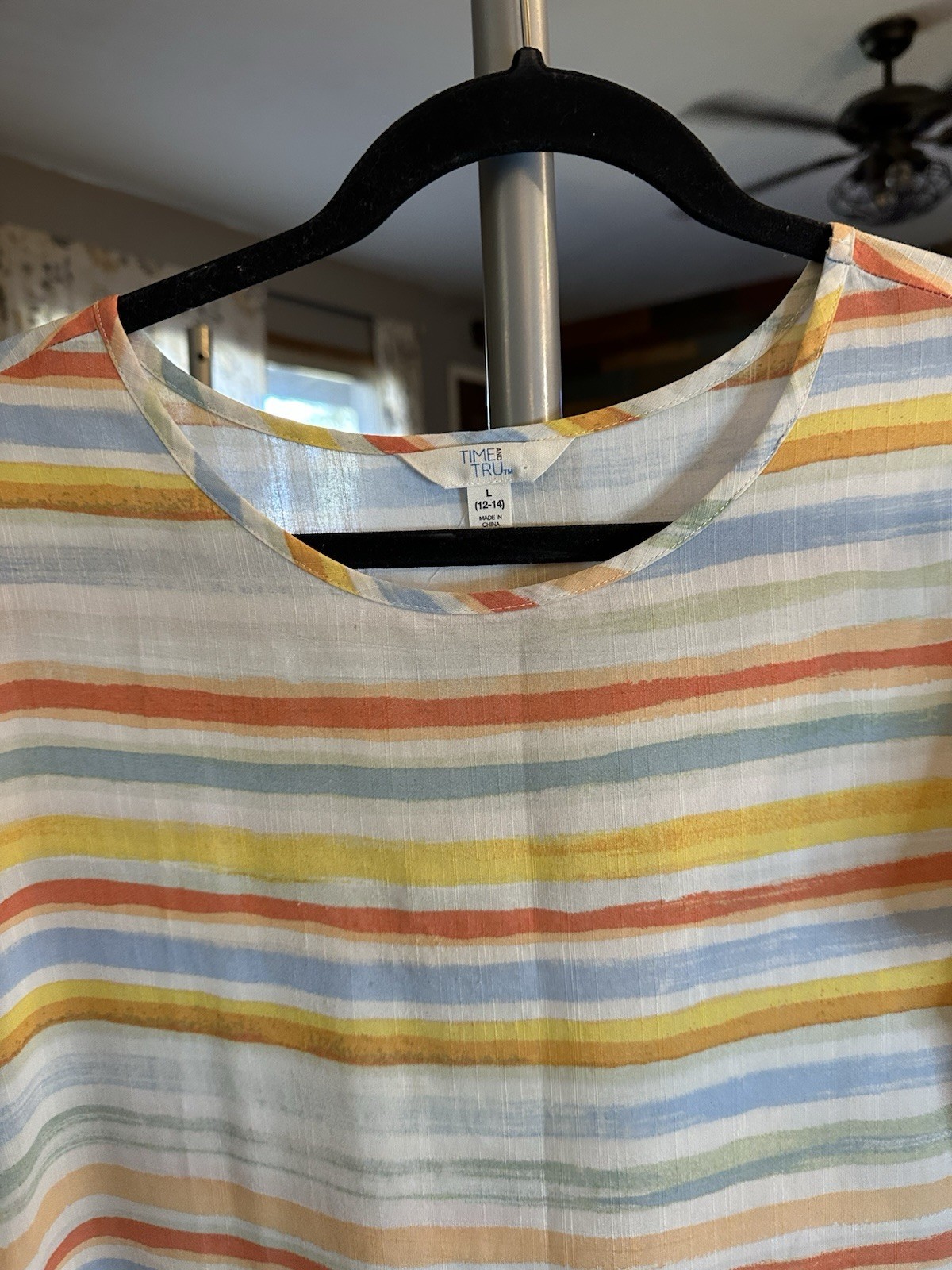Time and Tru Womens Rayon/Cotton Tiered Dress Short Sleeves Colorful Stripes L
