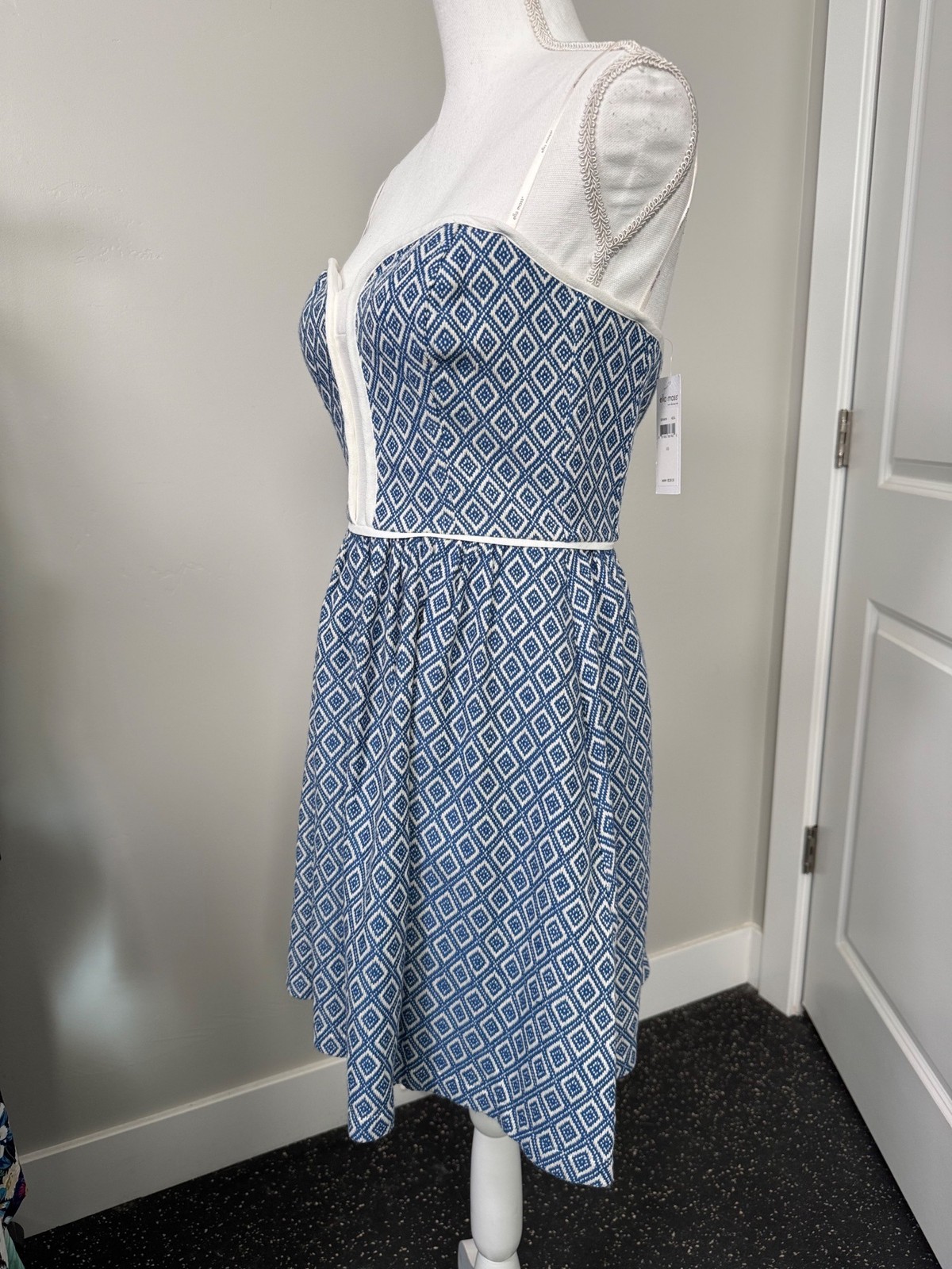 Ella Moss Blue White Diamond Print Strapless Dress S Fit & Flare Cotton Blend