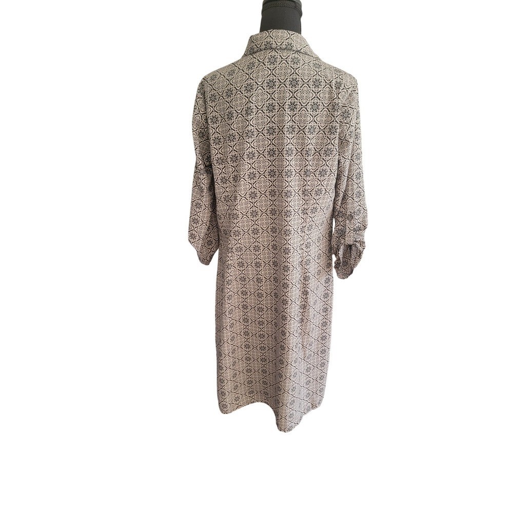 NY Collection Geometric Medallion Print Roll Tab Shirt Dress Tan Black STD1038 M