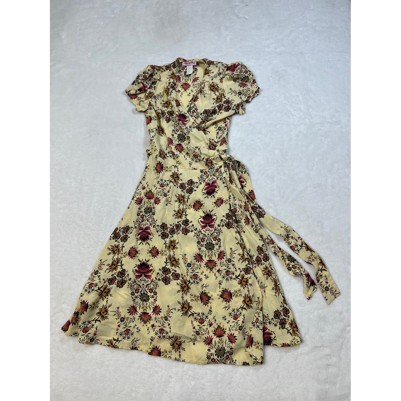 Yellow Floral Wrap Midi Dress with Pink Accents