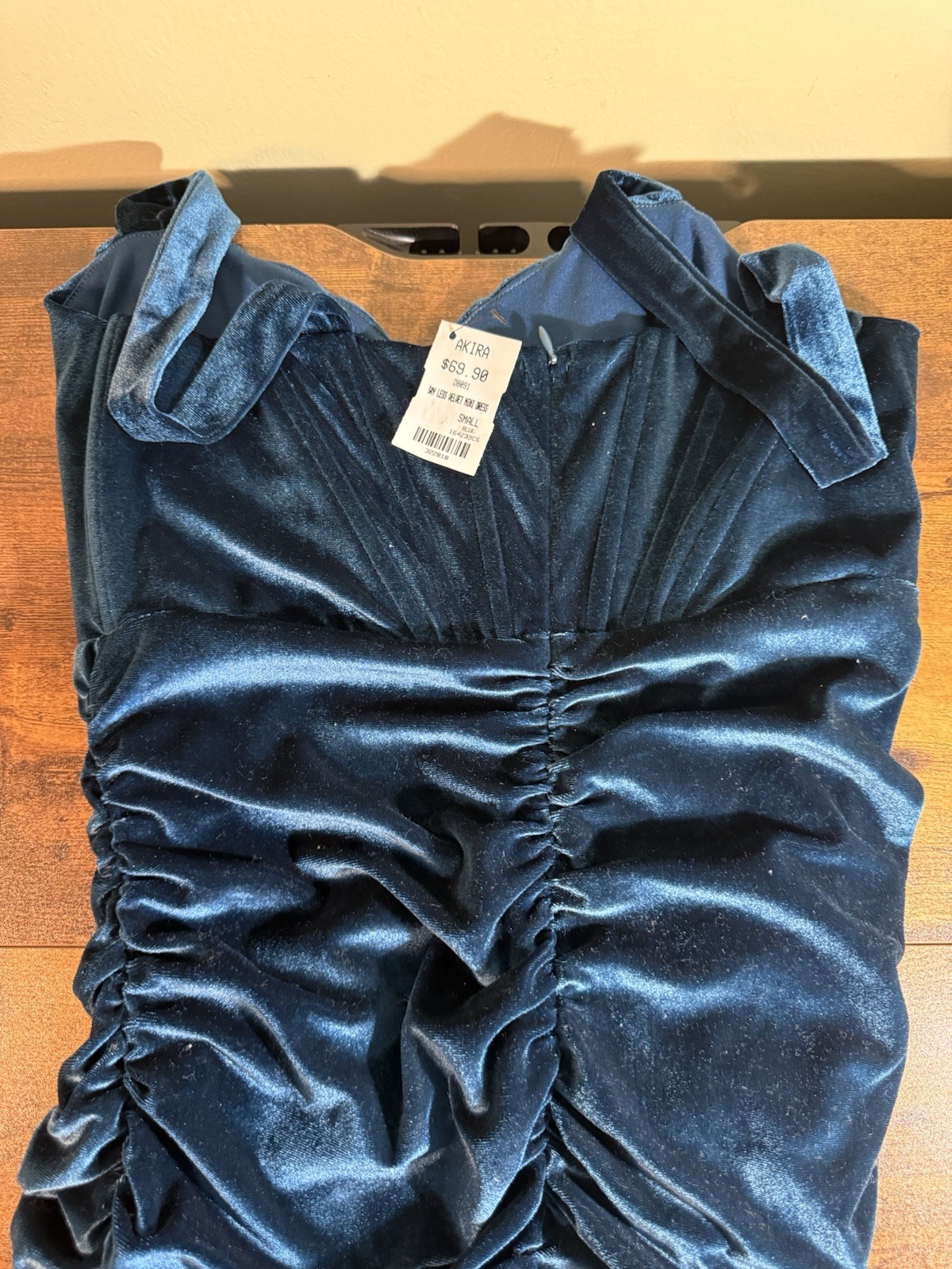 AKIRA Blue Velvet Ruched Stretch Bodycon Mini Dress S Sweetheart Party