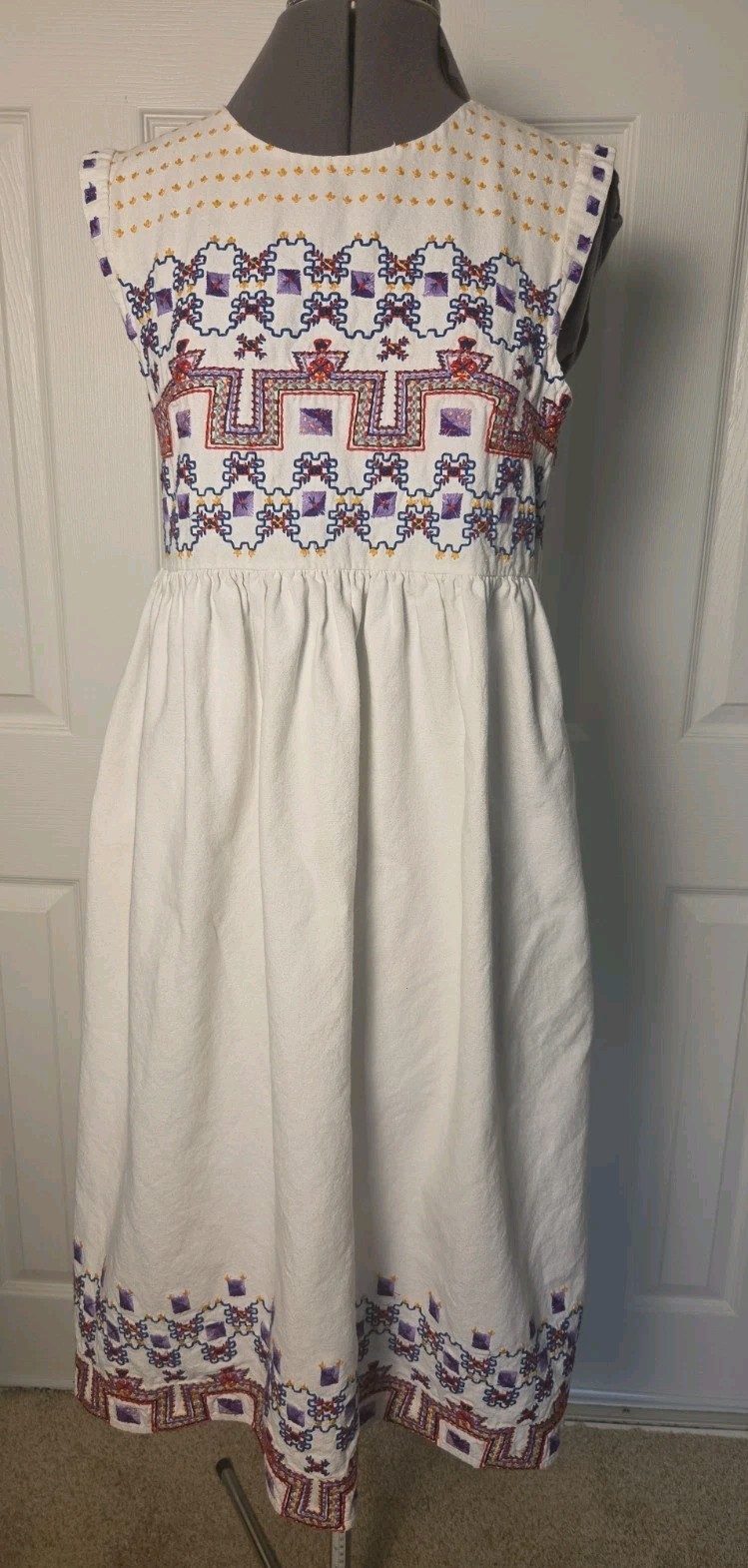Suno NY White Cotton Geometric Embroidered Boho Sleeveless Midi Dress Size 2