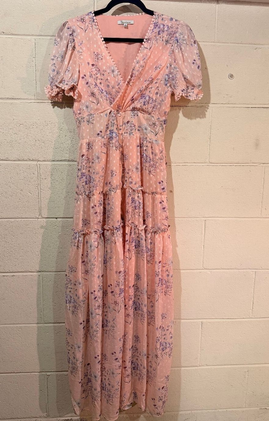 The Clothing Company Pink Floral Swiss Dot Maxi Dress Puff Sleeve Women’s S
