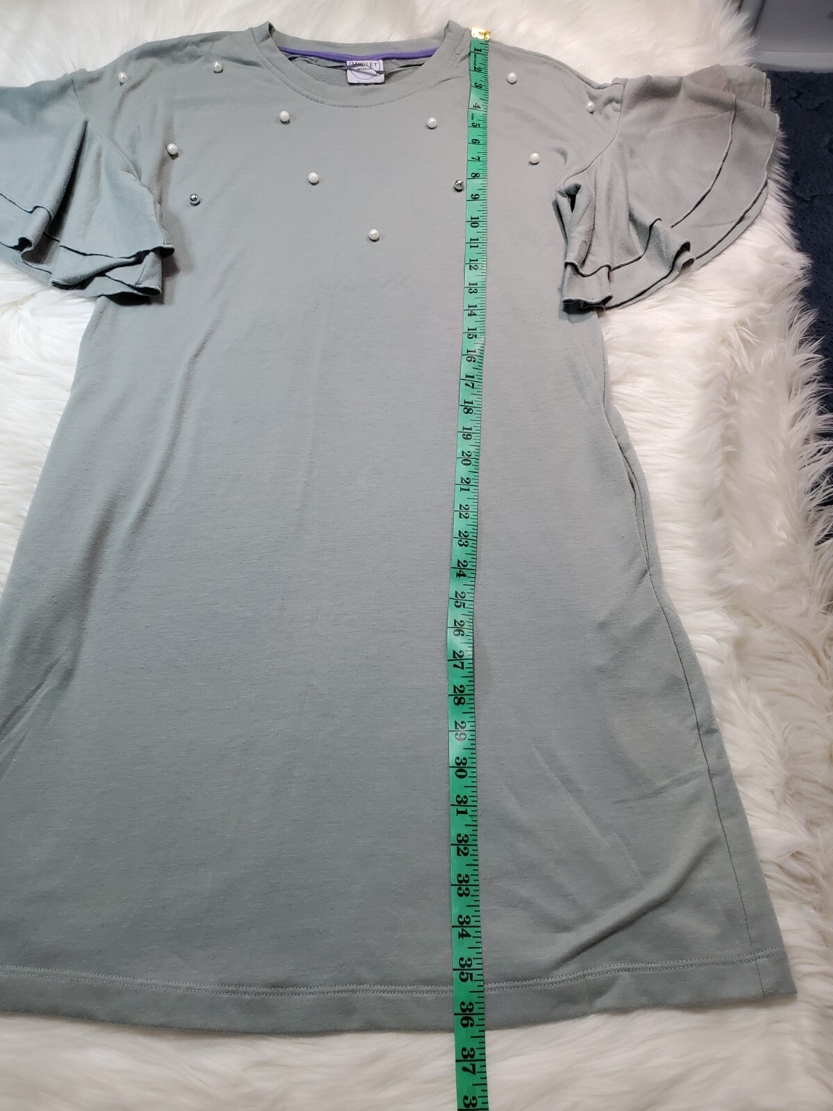 Violet Weekend Small Shift Dress Sweat Pearls Beaded Ruffle Sleeve Pockets Y-14
