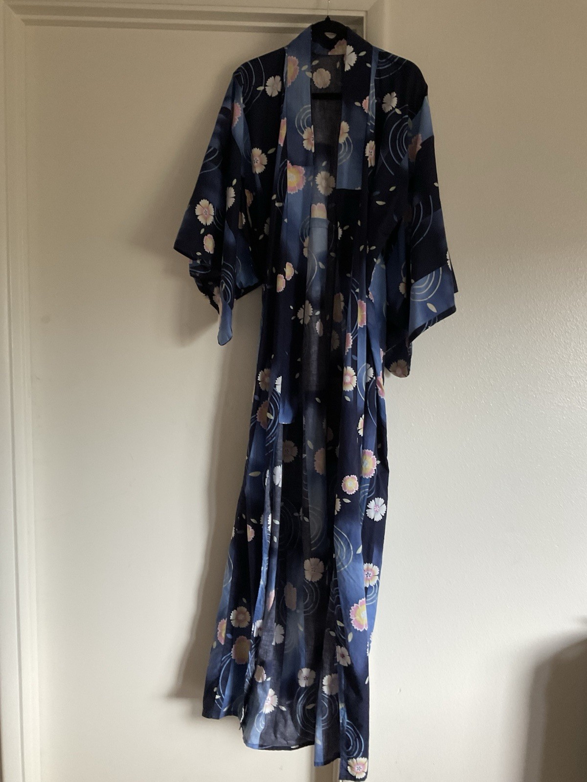 Handmade Women’s Navy Floral Long Kimono One Size Fits Most EUC