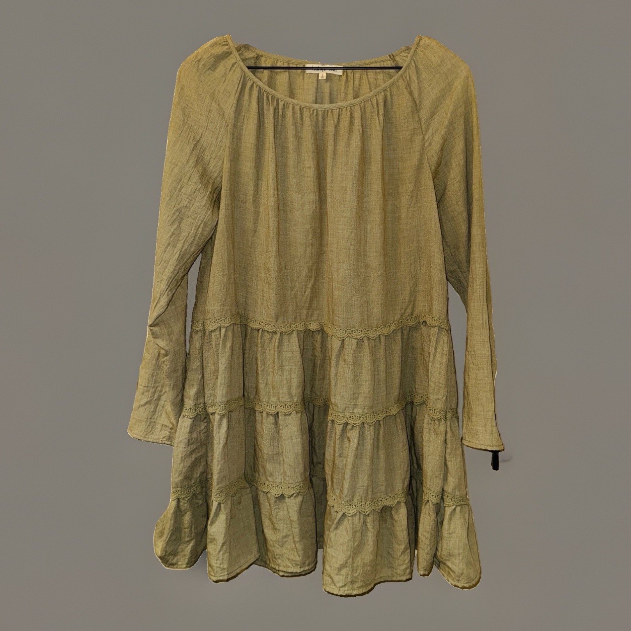 Indigo Soul Womens L Olive Green Boho Babydoll Dress Tiered Lace Trim Long Sleev