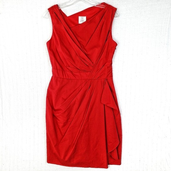 Suzi CHIN Scarlet Red Sheath Dress Asymmetrical Draped V-neck Pinup Cocktail 8