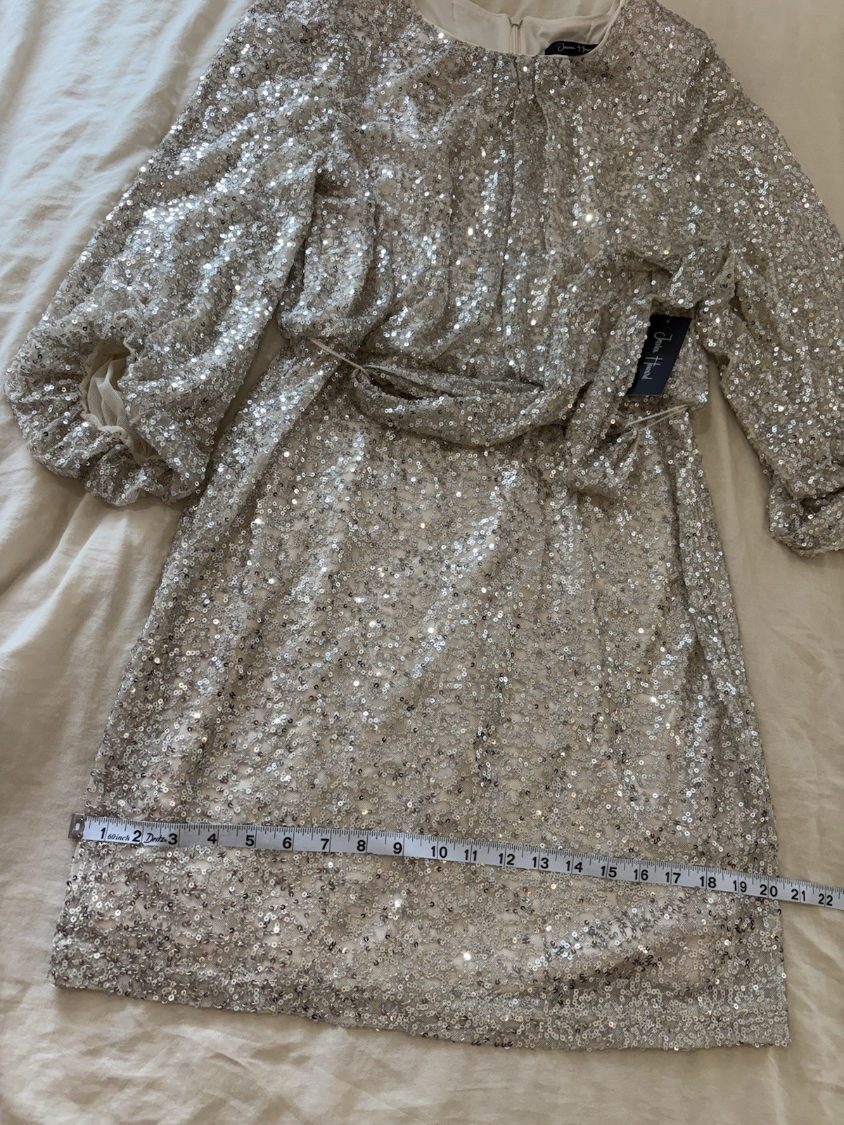 Jessica Howard Gold Sequin Sheath Dress Balloon Long Sleeve Round Neck 14P