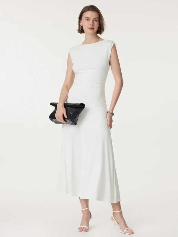 Women’s Side Ruched Maxi Dress Sleeveless Stretch Casual Long Dress, White