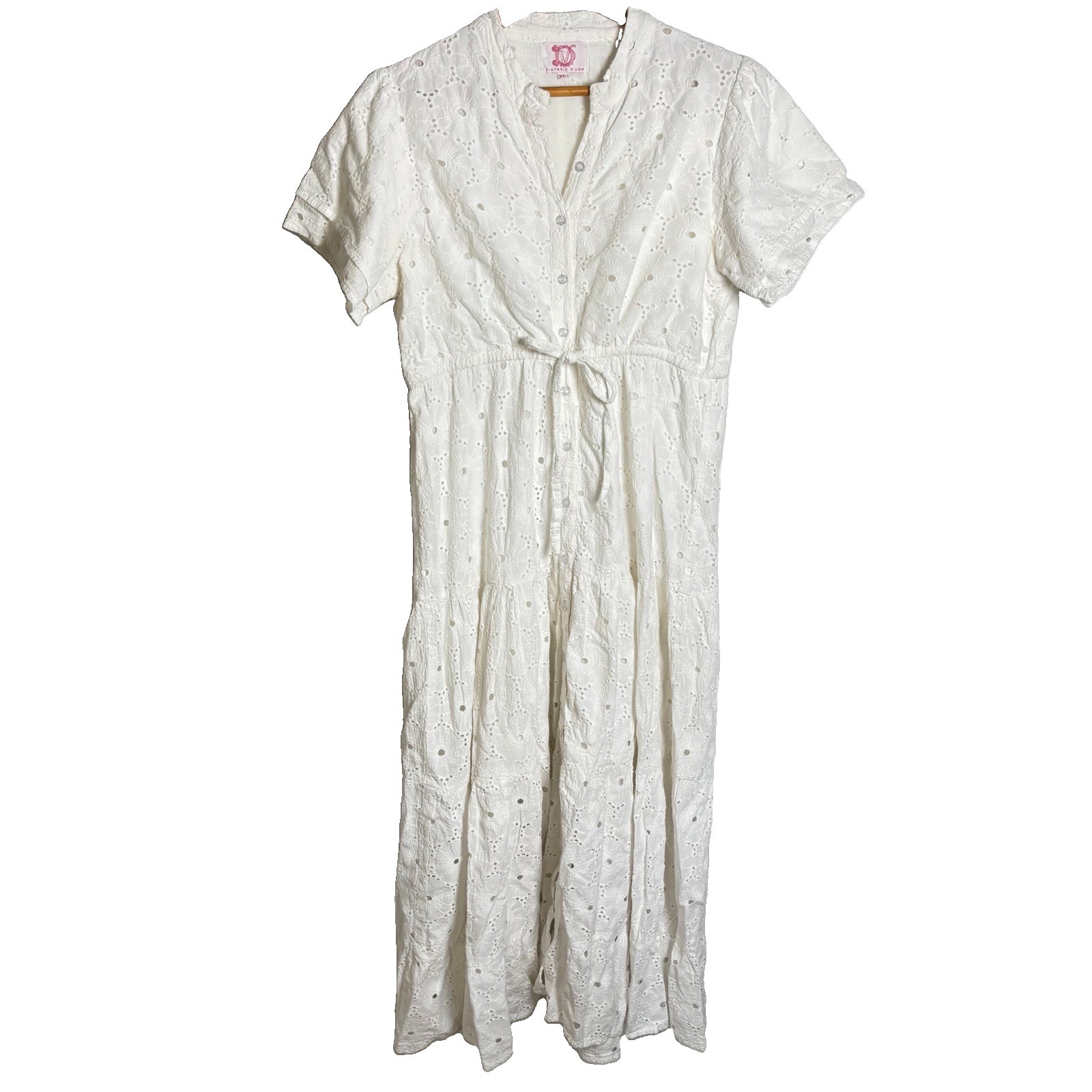 Victoria Dunn 100% Cotton White Eyelet Maxi Dress Cinched Waist Size XL
