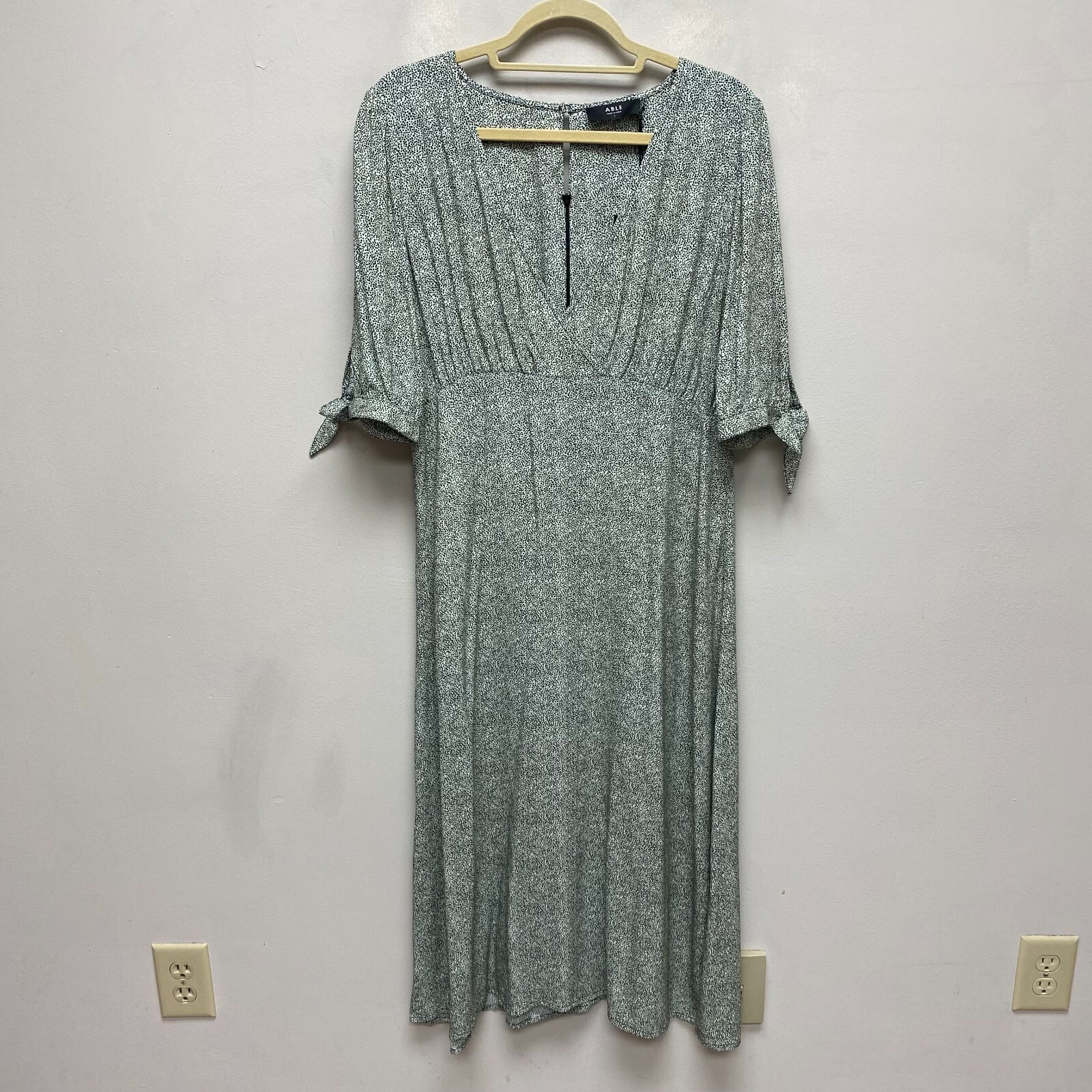 Able Creme Pin Dot Viscose Simone Tie-Sleeve V-Neck Midi Shift Dress L $155 New