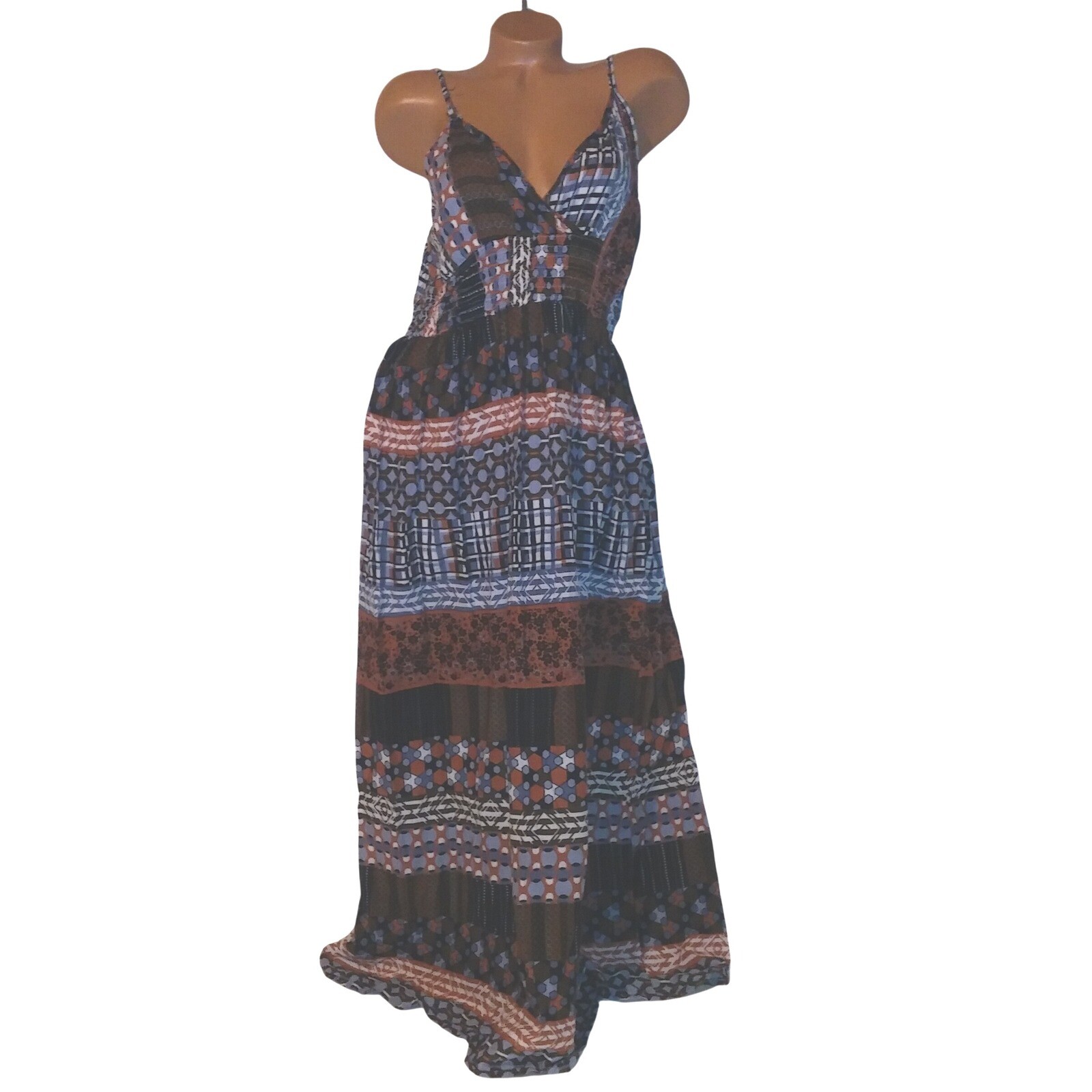K Trixx Sun Dress Maxi Large Brown Blue White Smocked Sleeveless