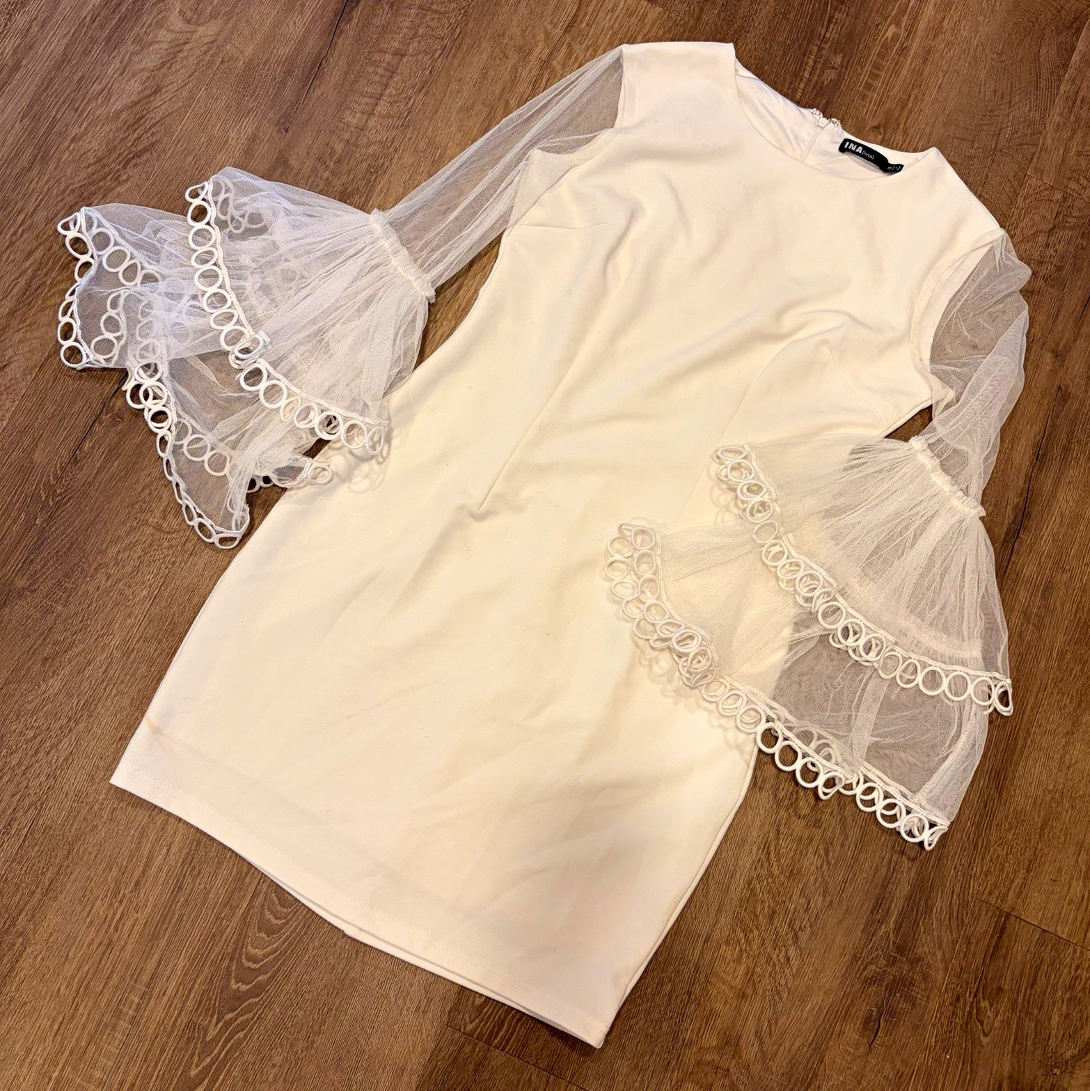 INA Size M White Solid Shift Sheer Tulle Ruffle Bell Sleeve Knee Zip Dress