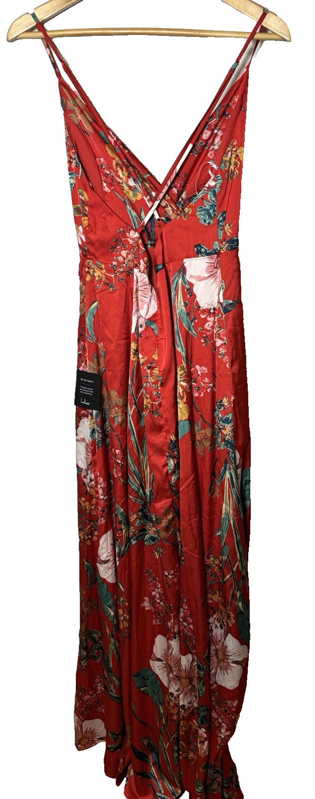 LulusN Dress NWT Large Red Floral Maxi Plunge V-Neck Spaghetti Strap Size L