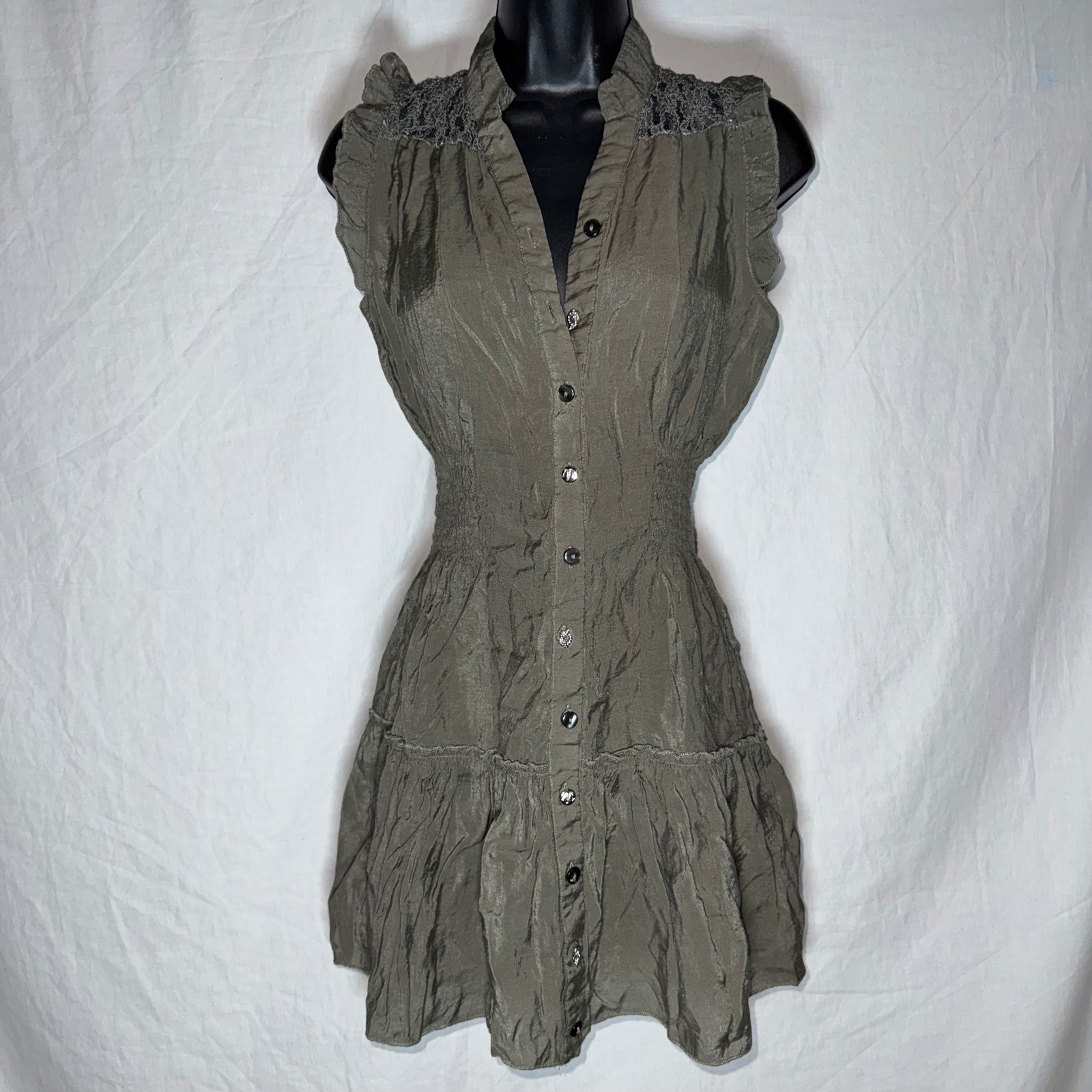 American Rag Women Olive Green Lace Trim Smocked Waist Button Front Mini Dress M