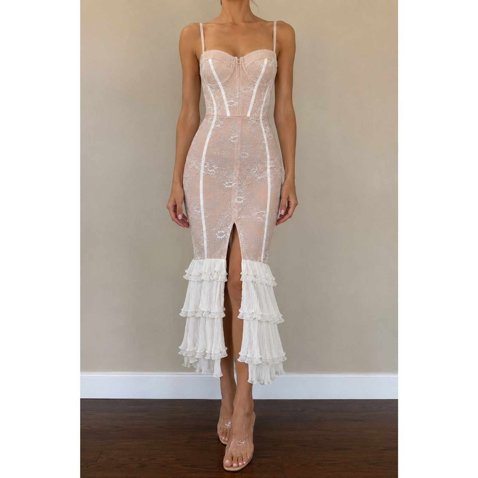 Never worn Shein Nude Beige Ivory Lace Bodycon Midi Dress Corset Cocktail XS