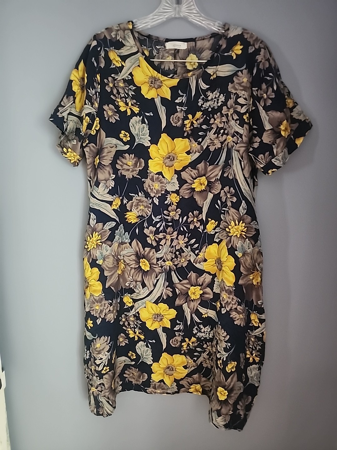 Womens Size L Navy Blue Floral Dress Yellow And Brown Sunflowers Short-sleeved