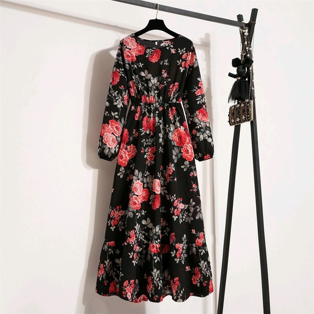 Spring summer Women Maxi dress Long sleeves Printed–M–Chest: 40 inches