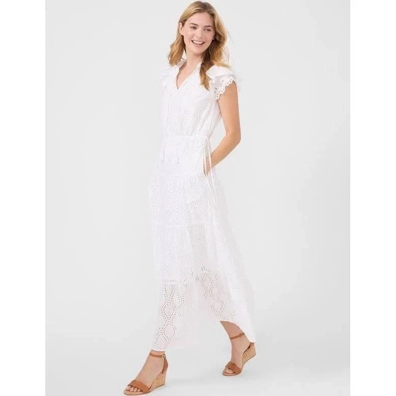 J.McLaughlin Elana White Eyelet Cotton Maxi Dress Flutter Sleeve NWT Size Small