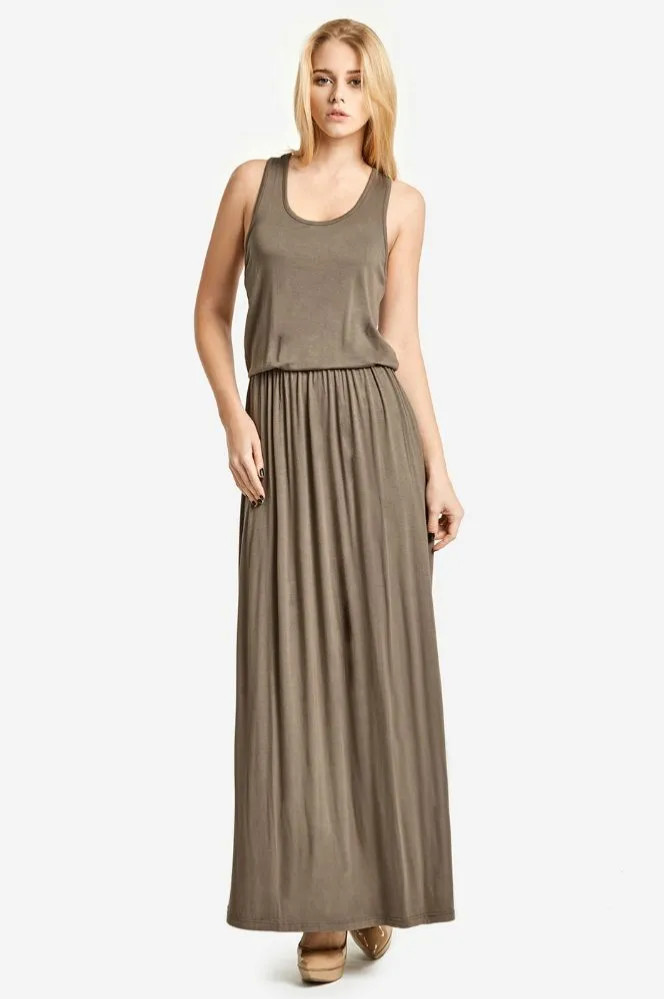 NEW Sofra Elastic Waist Maxi Dress Heather Taupe 🩶🤎 Small Medium Large