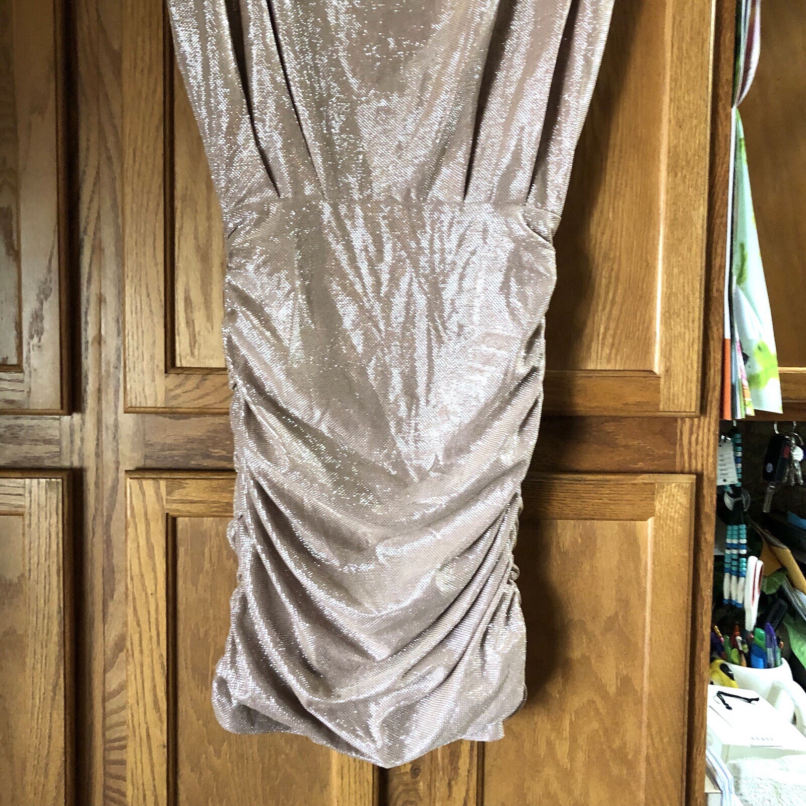 Line & Dot Women’s High Neck Ruched Sleeveless Bodycon Mini Dress Champagne XS