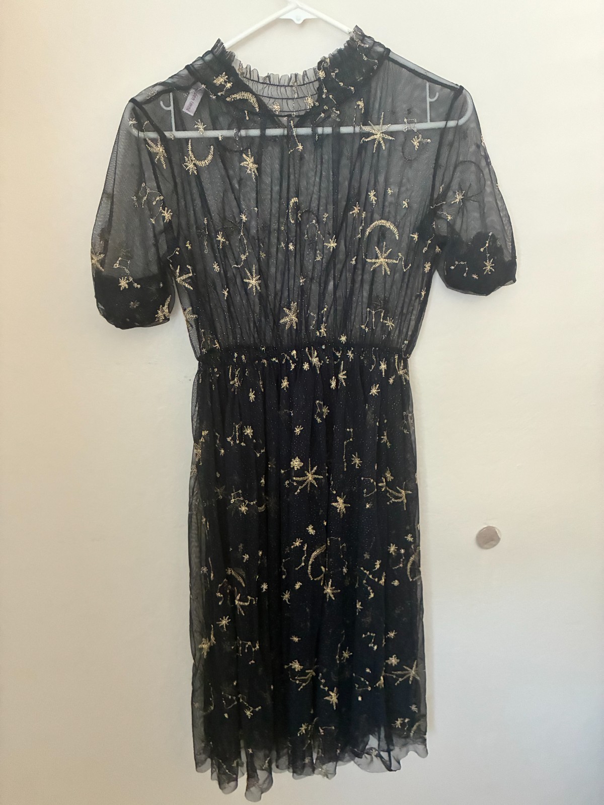 Golden Trend Celestial Sun Moon Stars Goth Chiffon Dress Large Witchy Black Gold