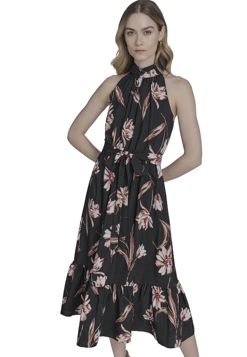 Falling Flowers Floral Halter Midi Dress Women’s Large Black Belted NWT